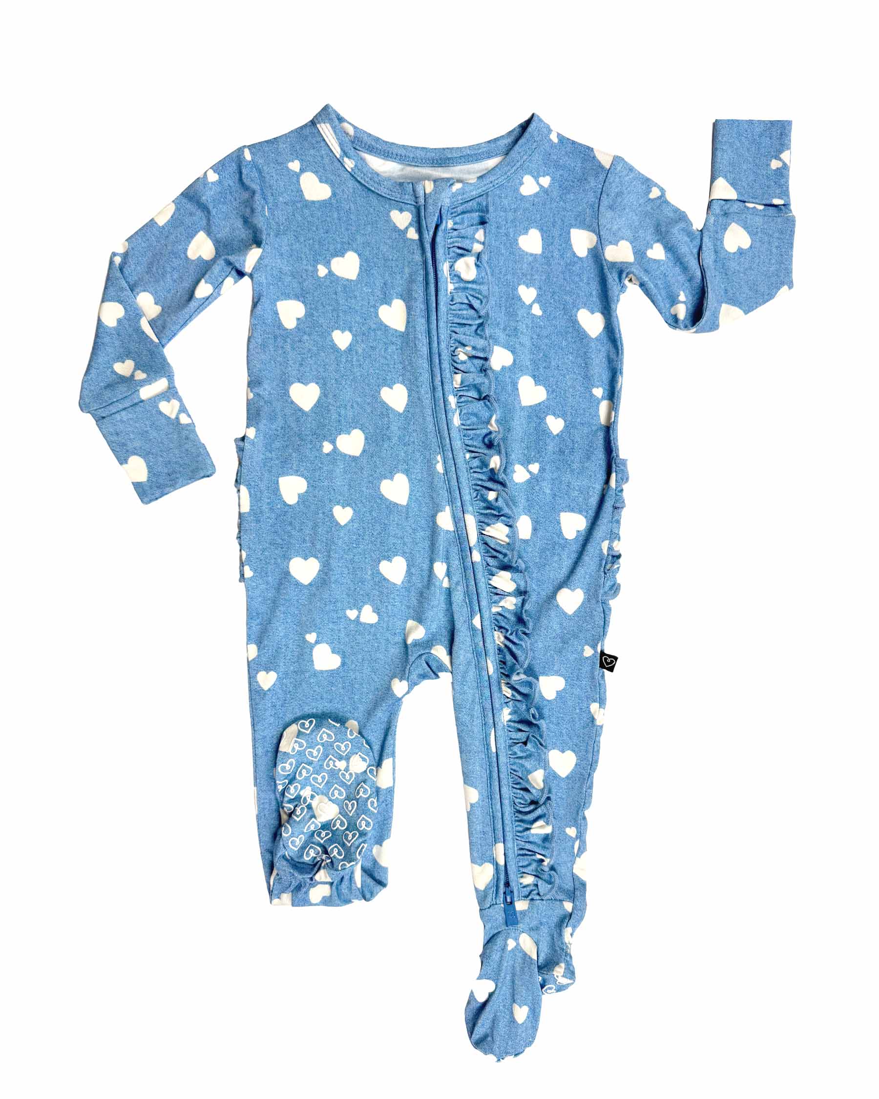 Denim Hearts Ruffled Zippered Footie