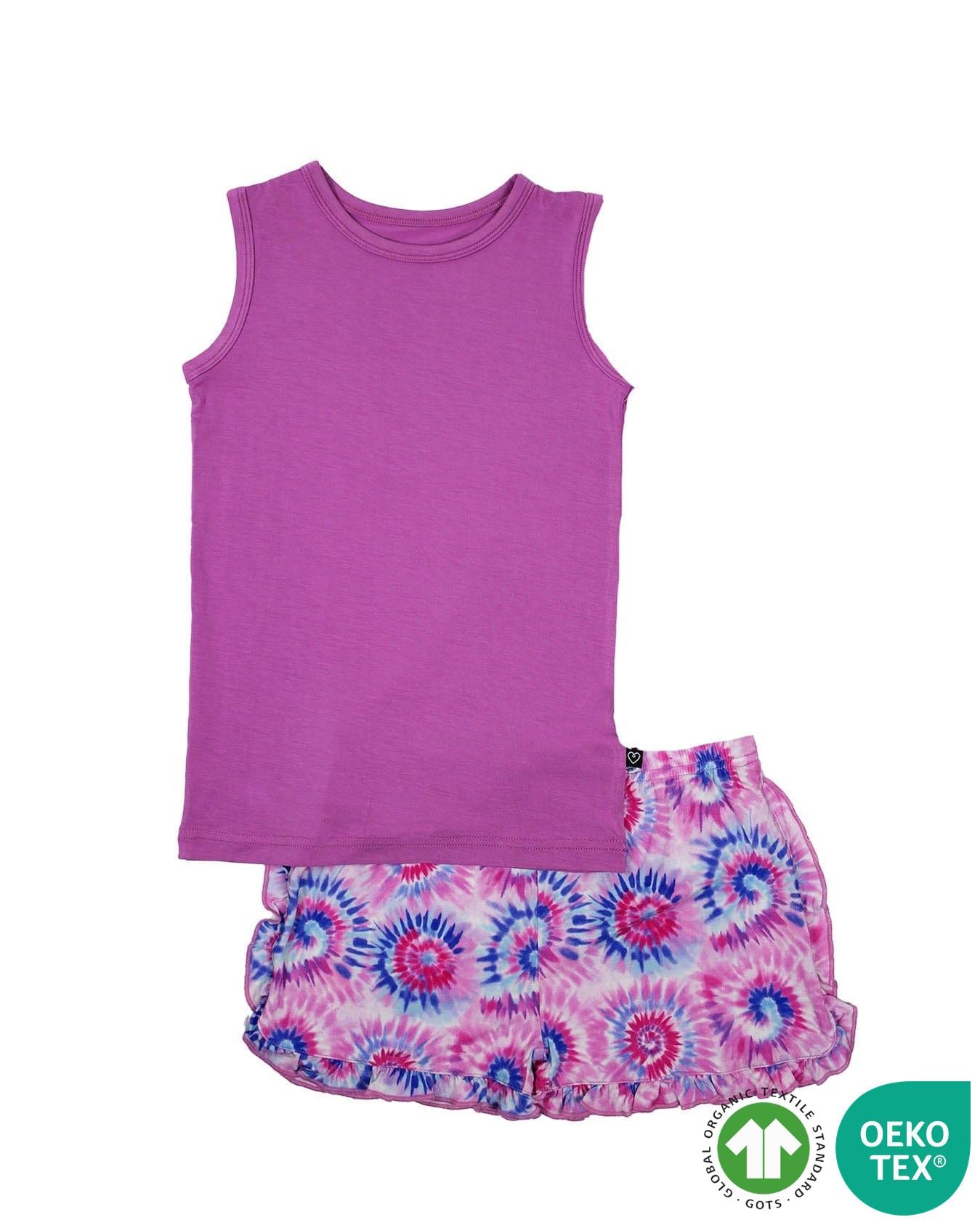 Pink Tie Dye Ruffled Shorts Pajama Set