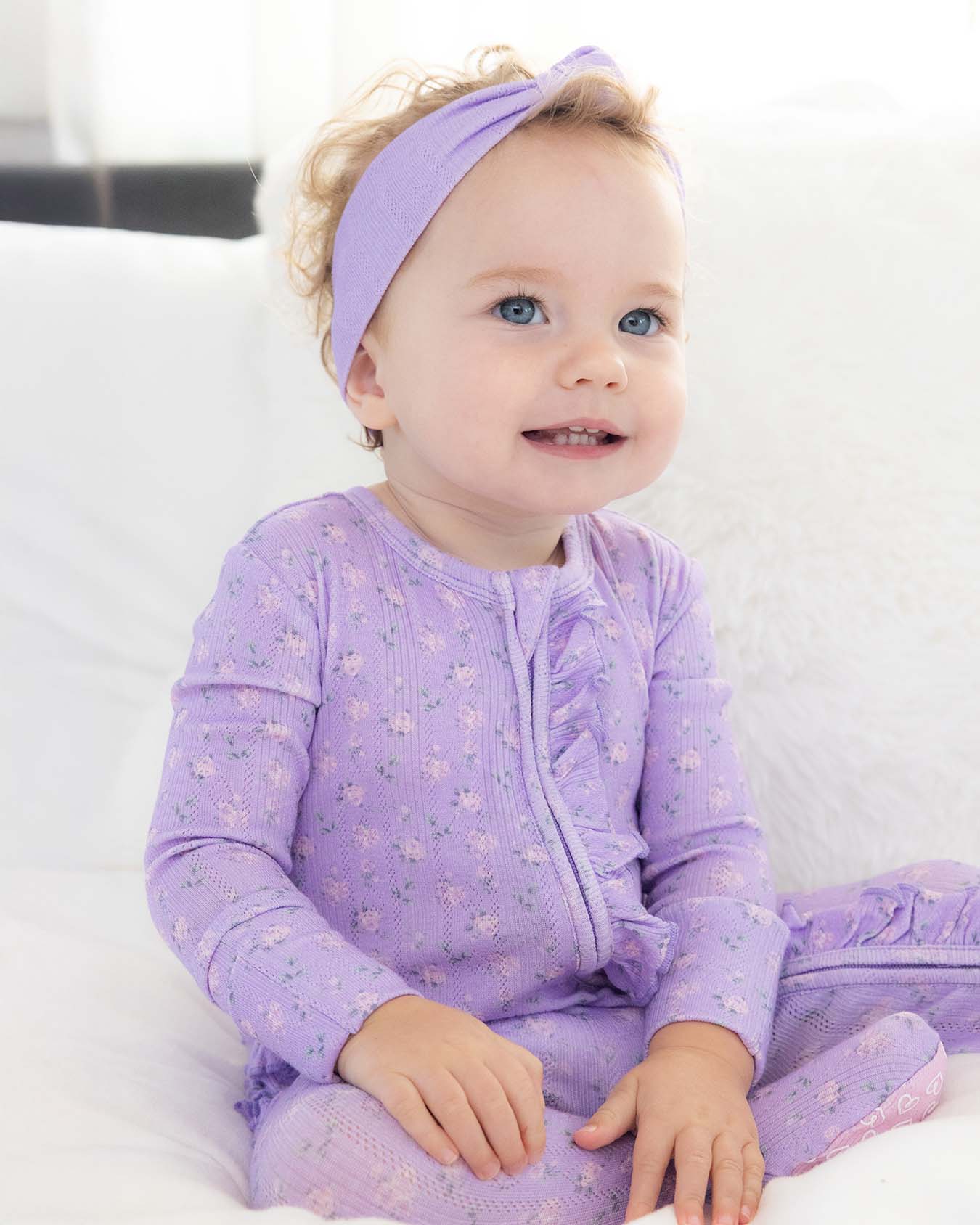 Lila Pointelle Ruffled Zippered Footie