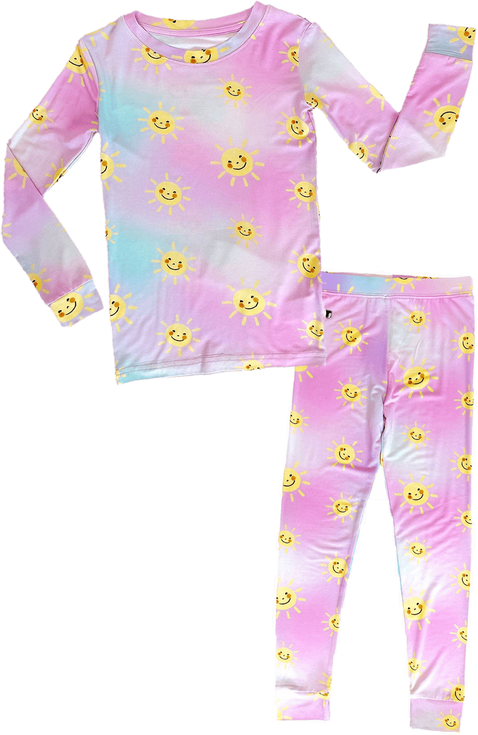 Toddler Lounge two-piece pajama set, laid flat, in a sun print